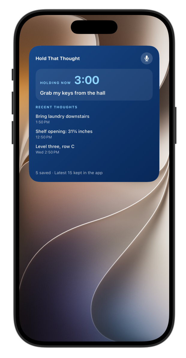 Large Hold That Thought iPhone Home Screen widget showing an active countdown and recent thoughts