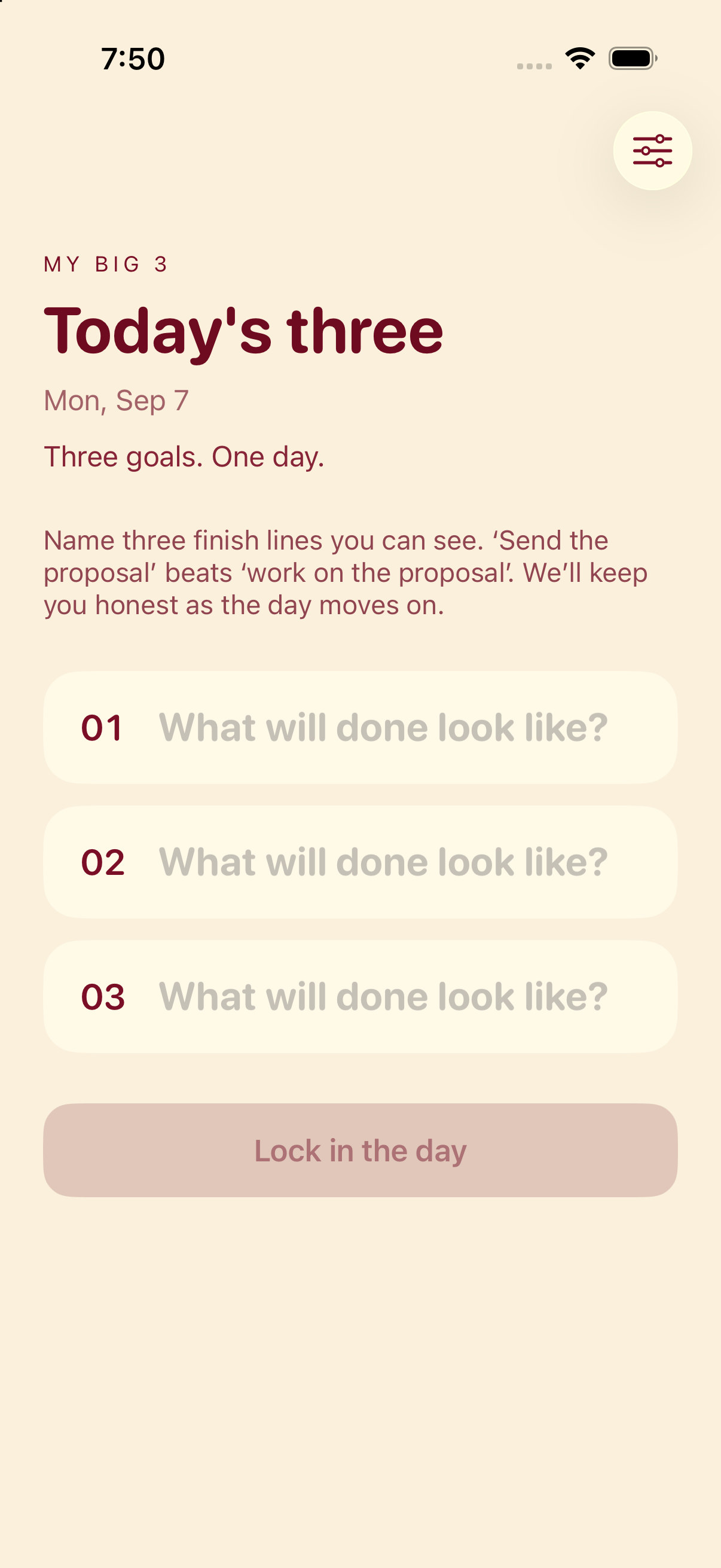My Big 3 on iPhone showing today’s three empty goals ready to be named