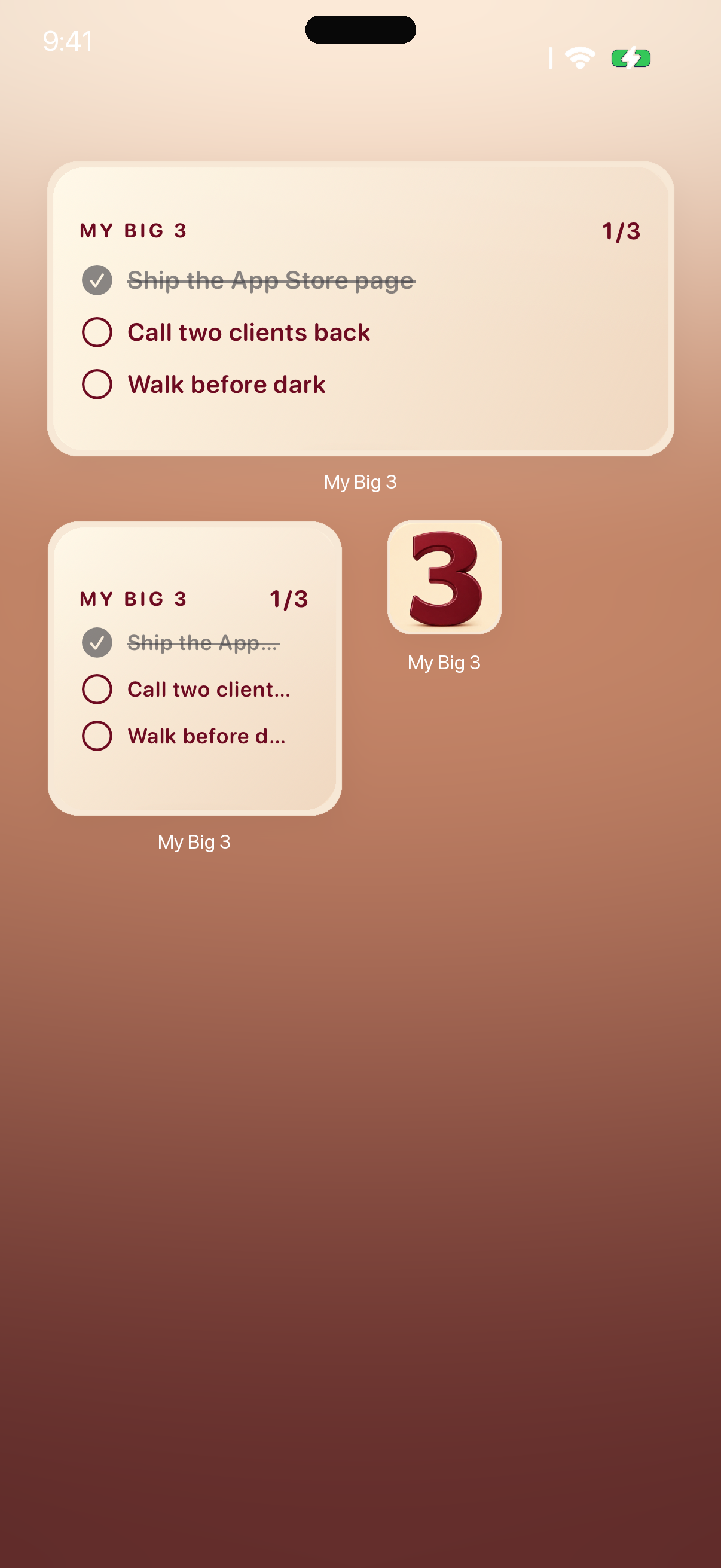 iPhone Home Screen with My Big 3 medium and small widgets showing today’s three goals