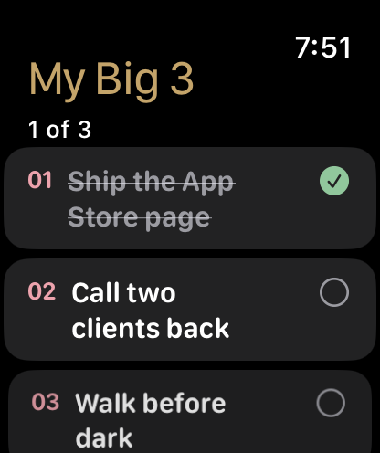 My Big 3 on Apple Watch showing today’s three goals with one marked done