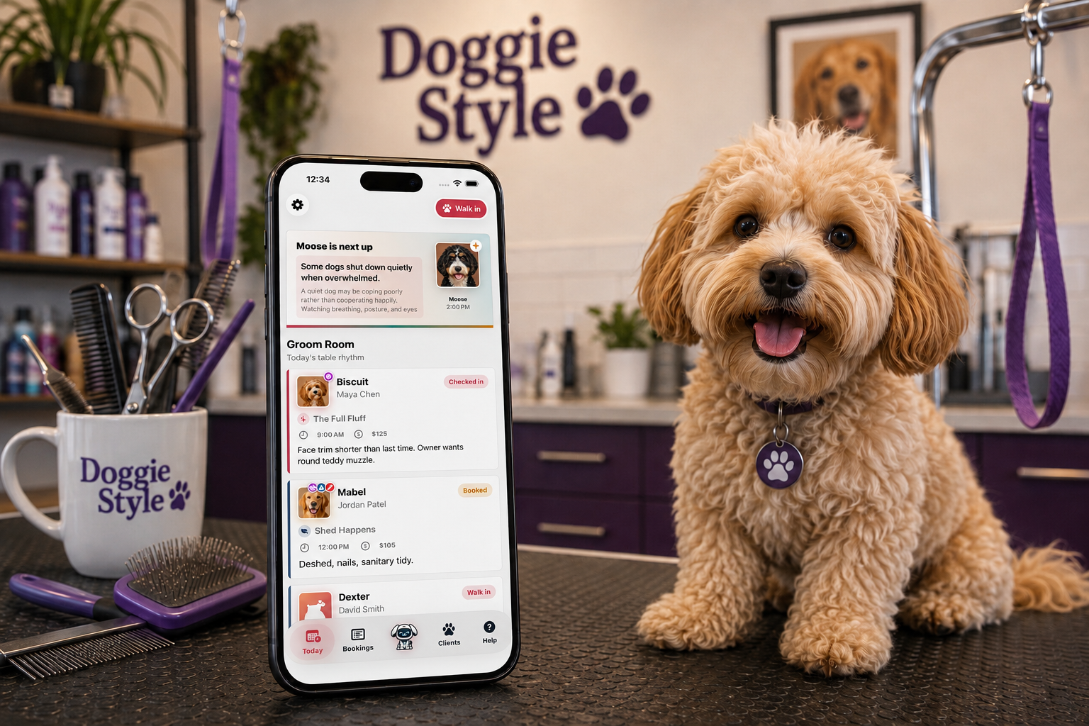 Dog grooming salon scene with the Doggie Style app and a groomed dog