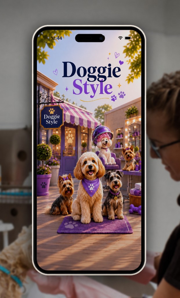 Doggie Style app on iPhone showing the grooming salon splash screen