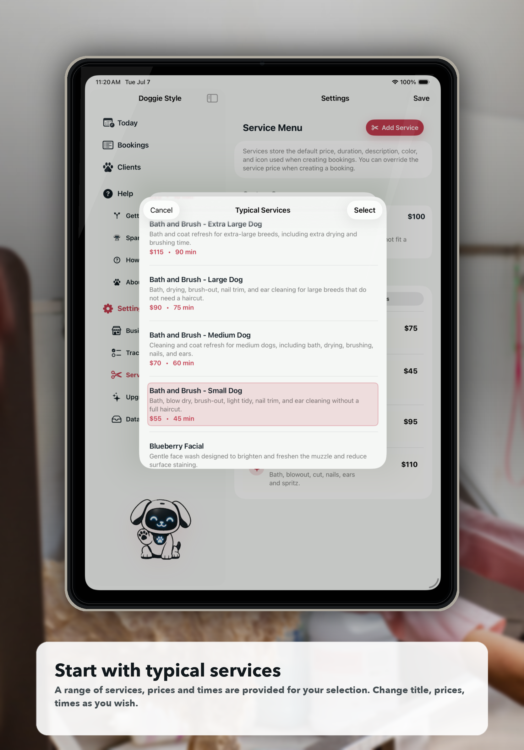 Doggie Style iPad preview of reusable grooming services