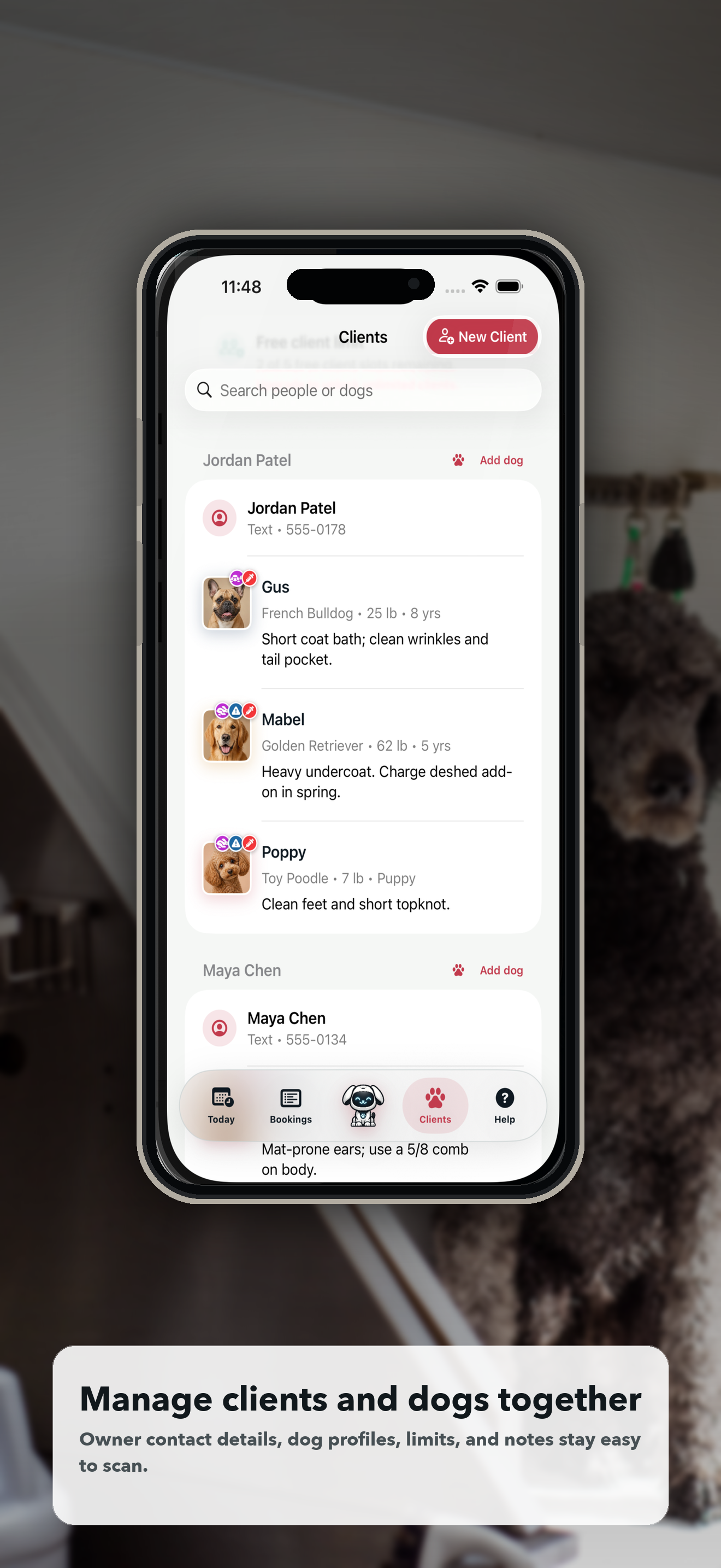 Doggie Style iPhone preview of client records and dogs