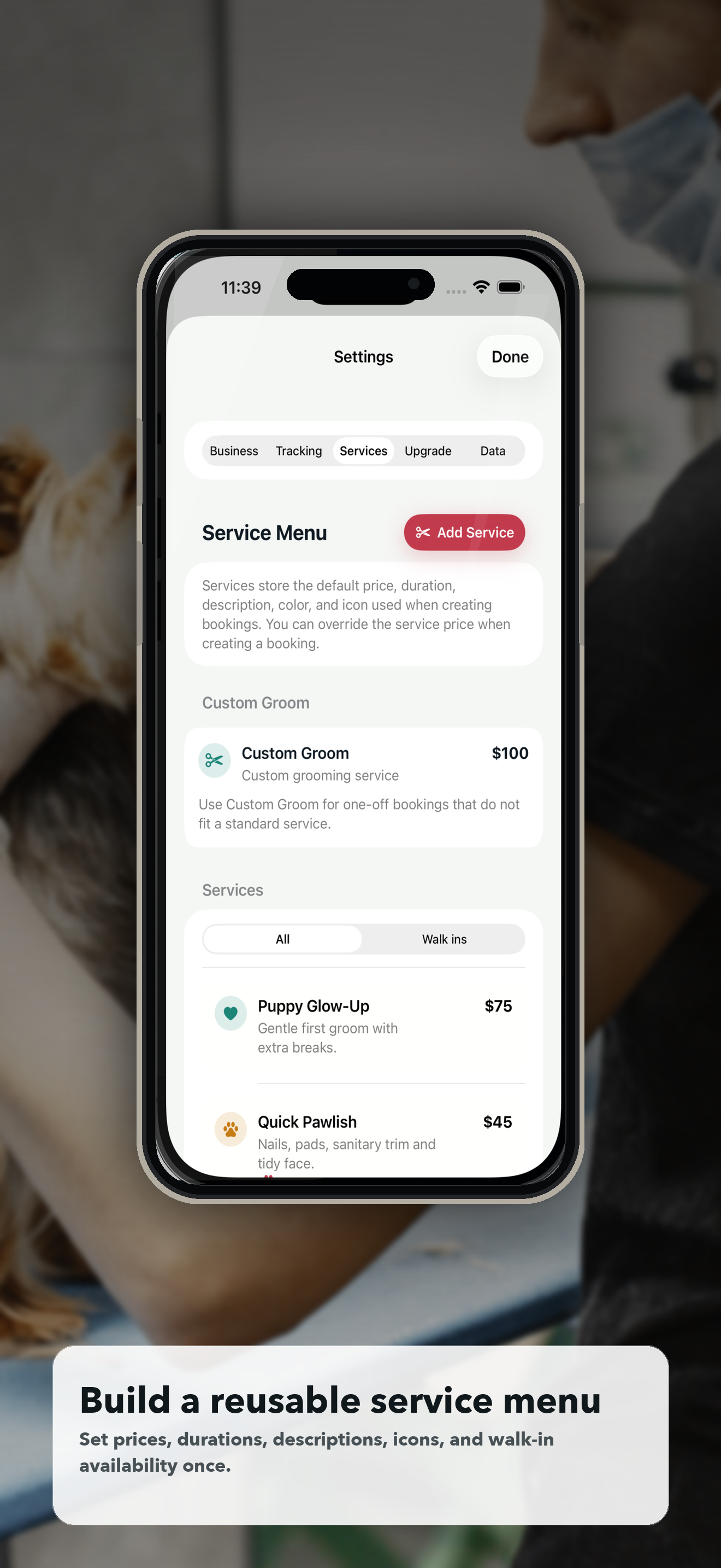 Doggie Style iPhone preview of reusable grooming services
