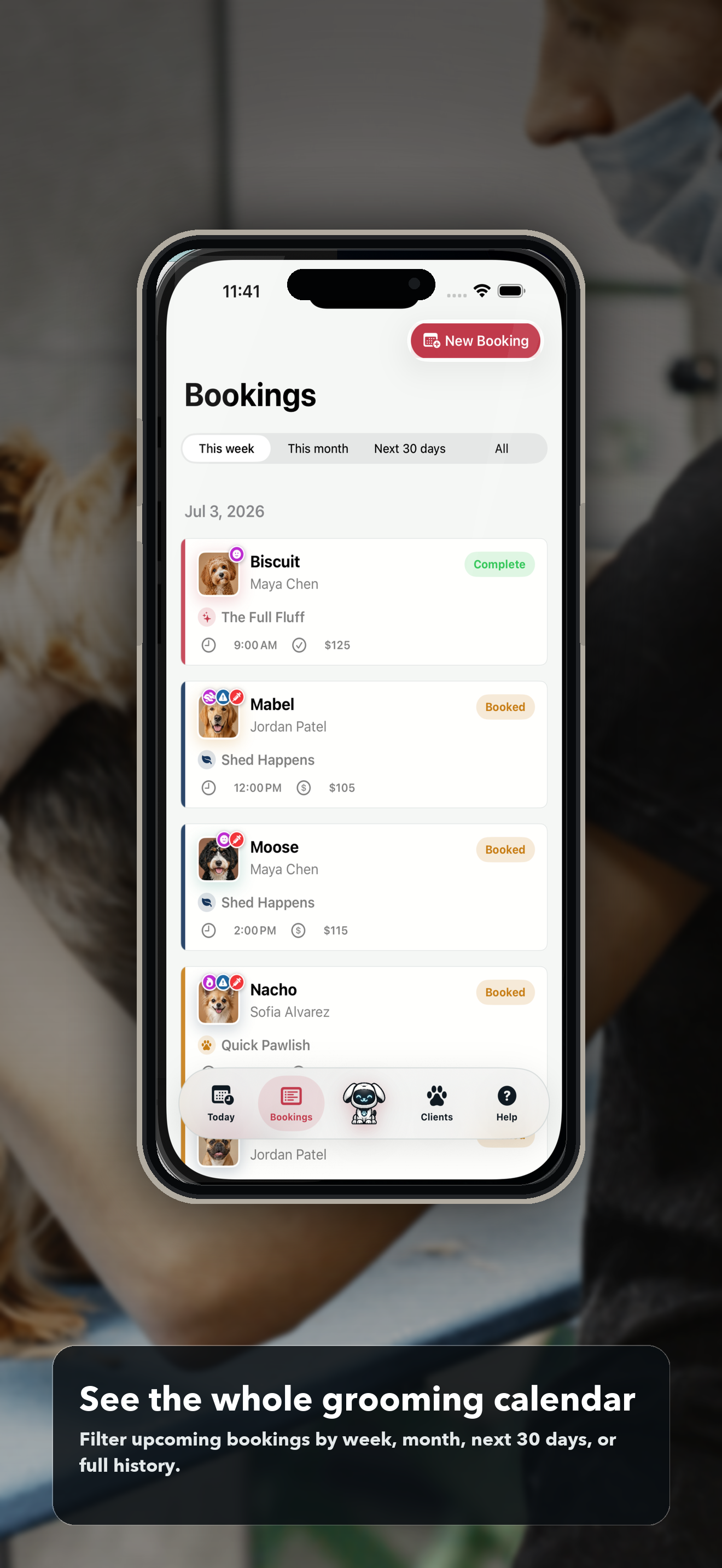 Doggie Style bookings tab with grooming appointments