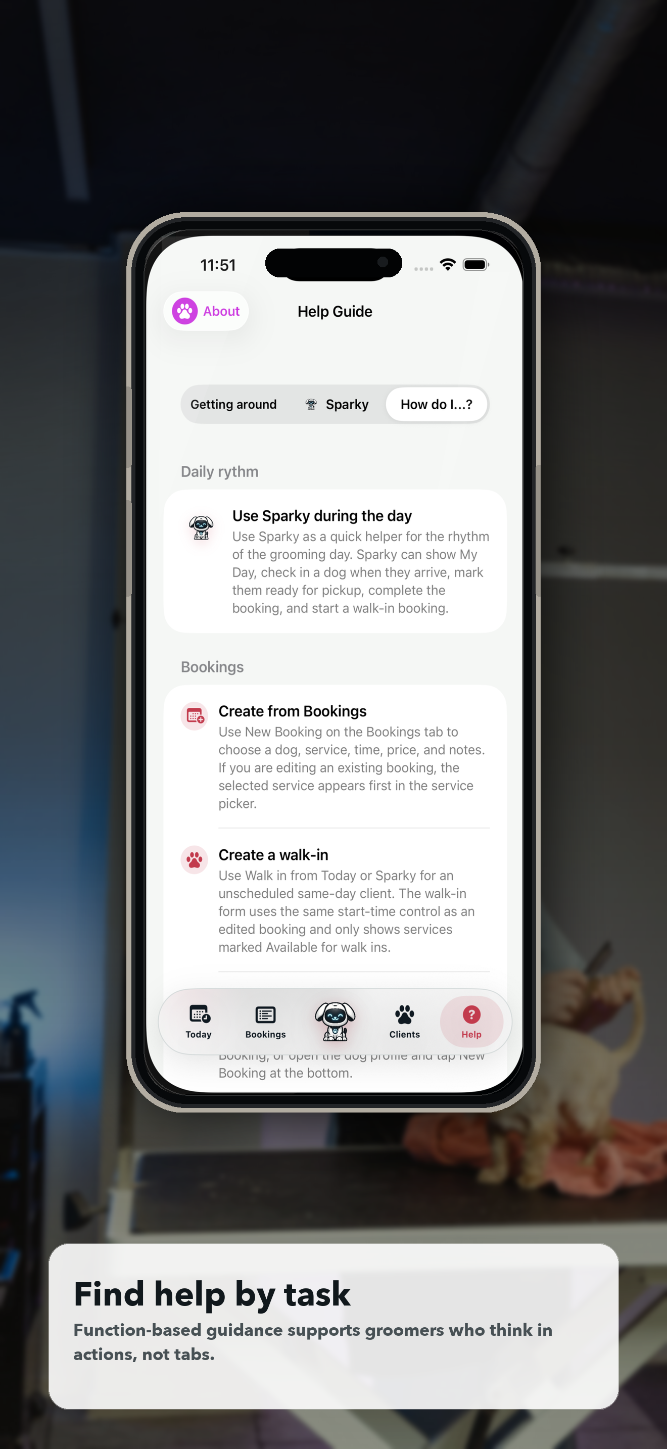 Doggie Style help by function screen with guidance organized by app workflow
