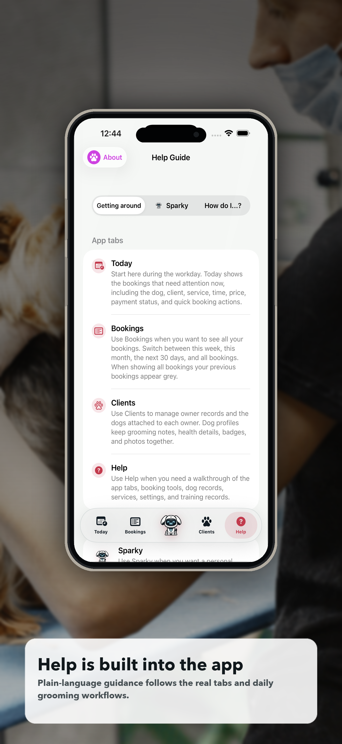 Doggie Style help guide screen for groomers