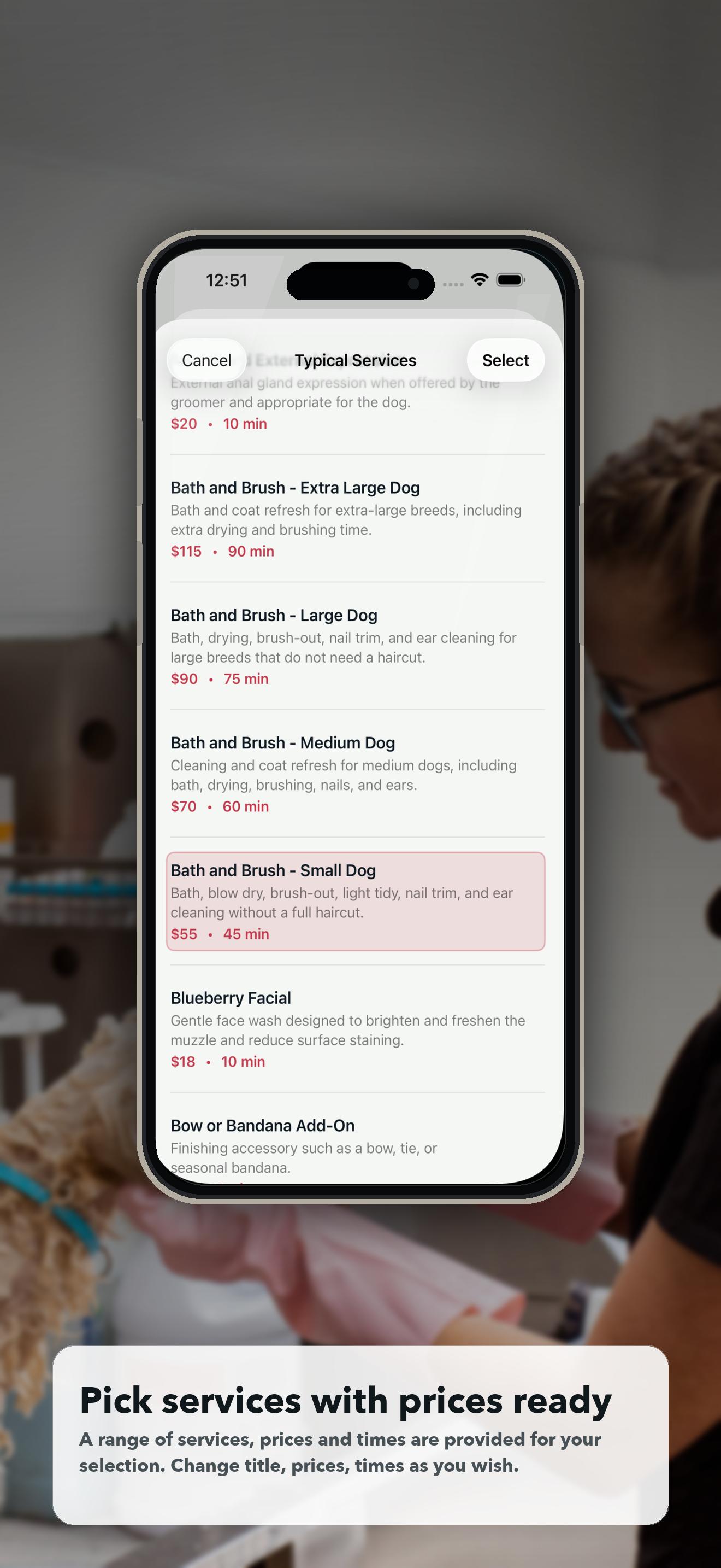 Doggie Style typical services picker for grooming appointments