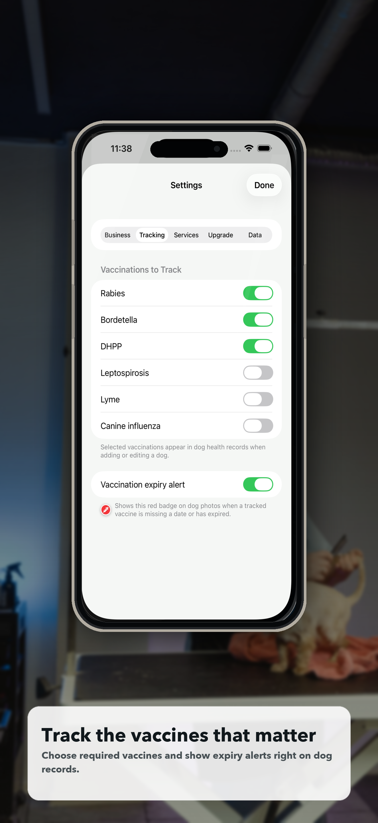Doggie Style vaccination tracking settings for dog records